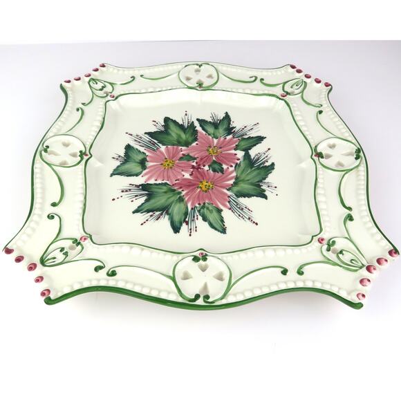 Casafina Portugal Hand Painted Floral Pierced Lace Edge 12.25" Ceramic Platter - Picture 4 of 16